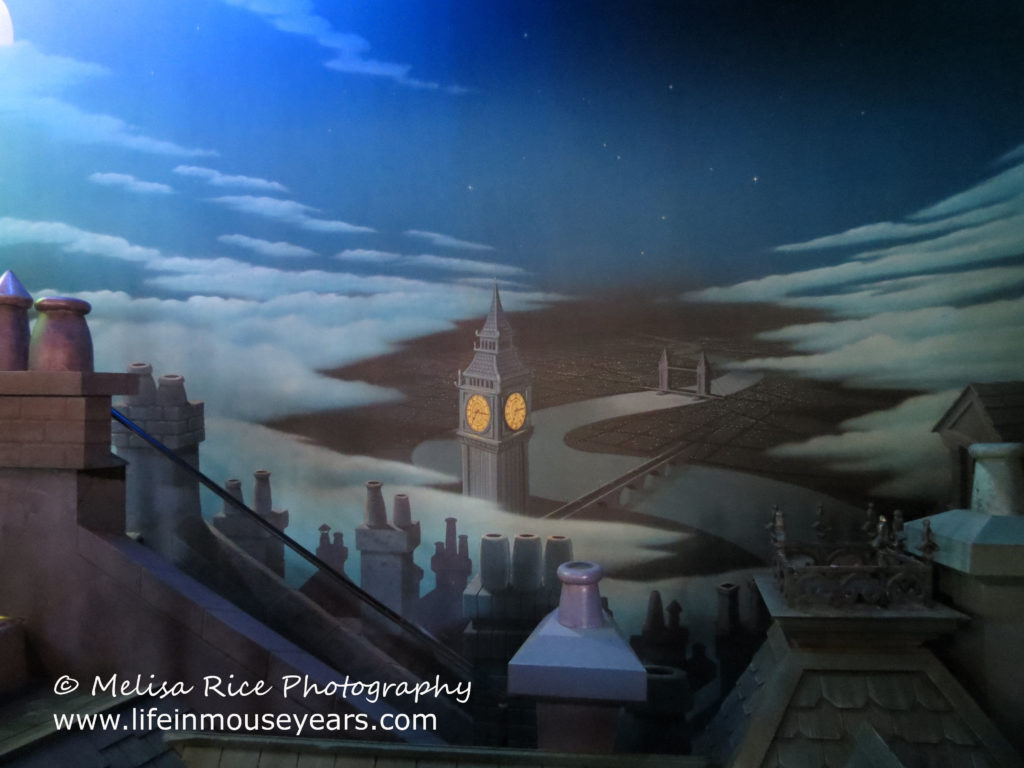 Painting of London from the skies in Peter Pan's Flight attraction in Disneyland. Top 10 attractions for kids of all ages.