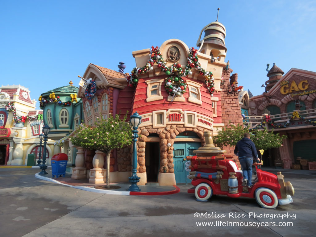 The fire depratment building in Mickey's Toontown in Disneyland. Cartoon type building with a cartoon style fire truck.