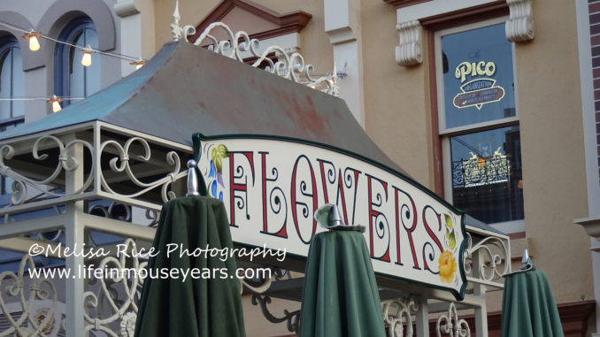 Flower sign on Main Street in Disneyland.